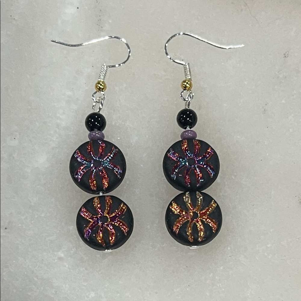 Etched Black Stone Silver Dangle Earrings